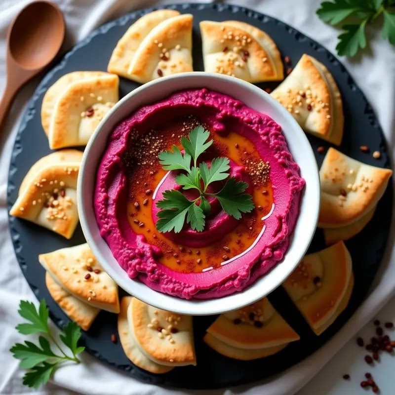 hummus-de-remolacha-y-tahini: Dip Árabe Vegano con Crujiente de Pan Pita