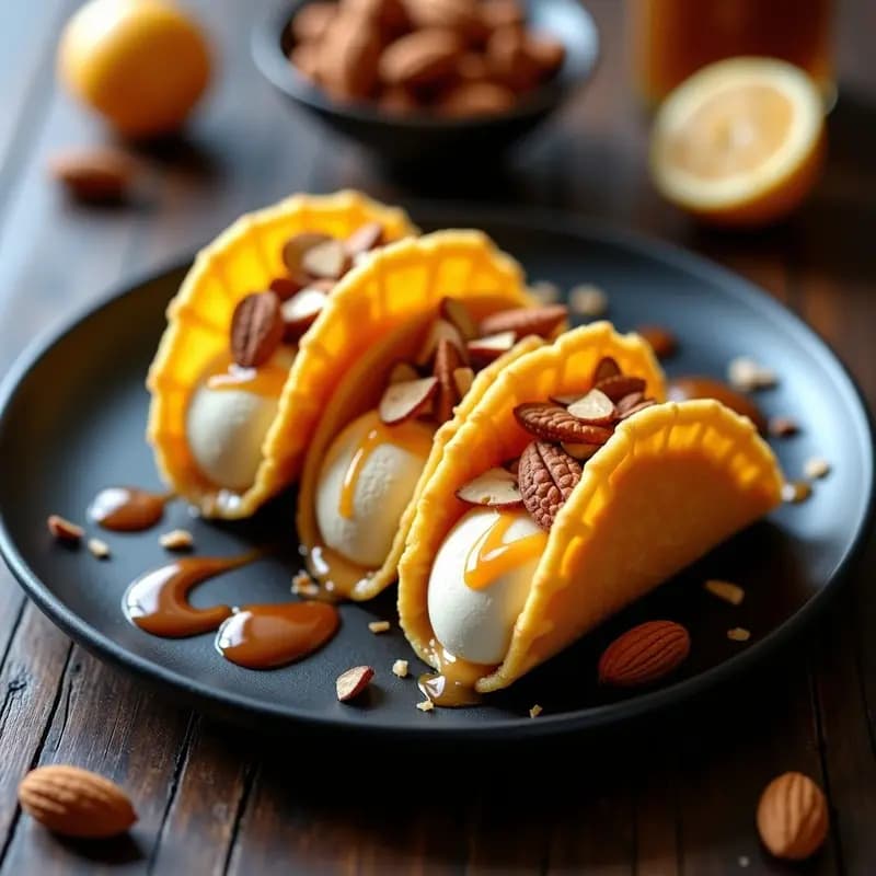 Ice Cream Tacos: Conos de Gofre Rellenos de Helado de Vainilla, Frutos Secos y Salsa de Caramelo Salado