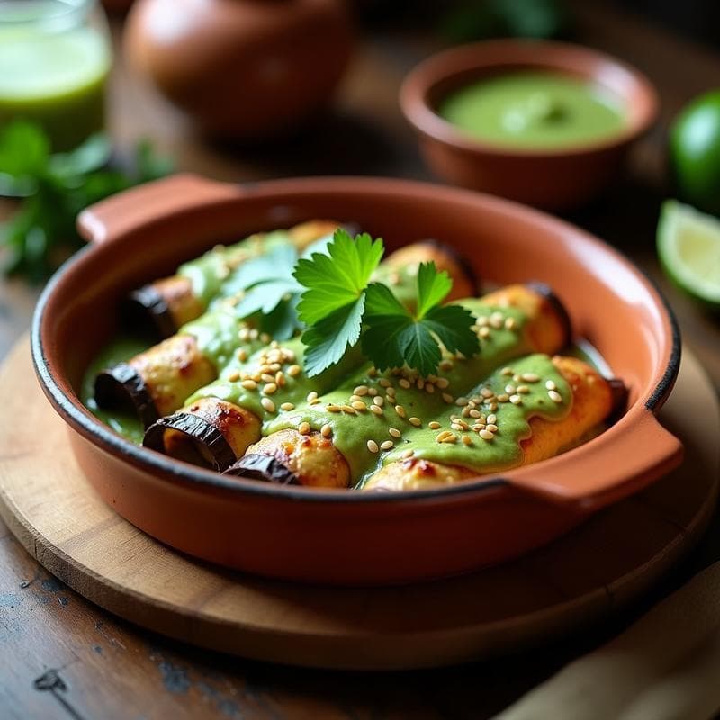 Inchiladas de Berenjena y Queso de Cabra con Salsa Verde: Receta Mexicana Vegana en Horno