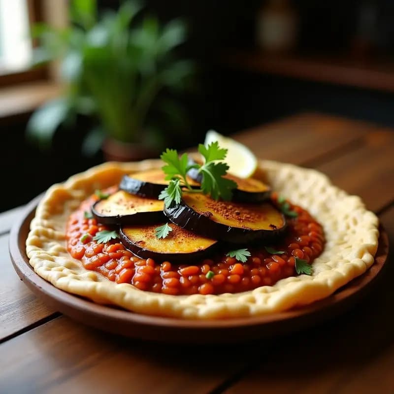Injera Etiopía con Berenjena Asada y Lentejas Rojas: Crepe Fermentada Sin Gluten