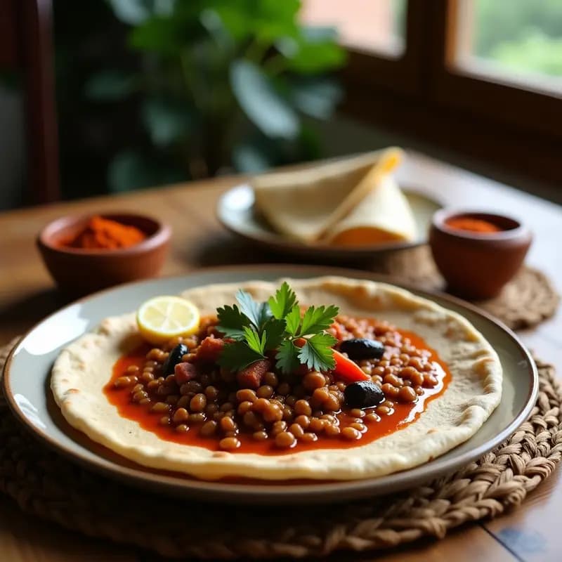 Injera con Estofado de Lentejas y Berenjena: Pan etíope sin gluten y plato completo