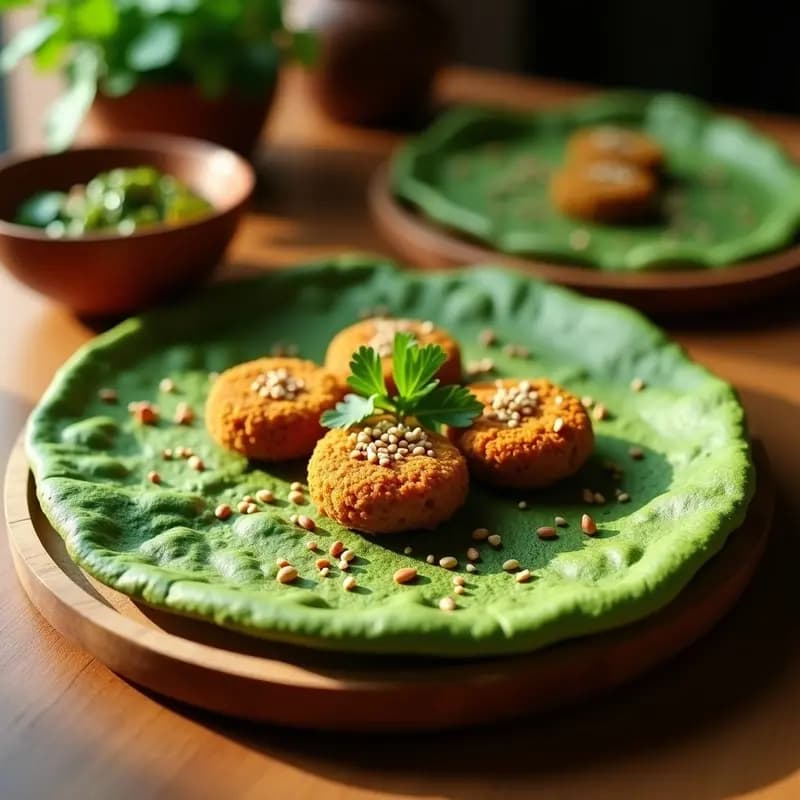 Injera de Teff y Espinacas: Pan Etíope Vegano y Sin Gluten con Toppings de Falafel