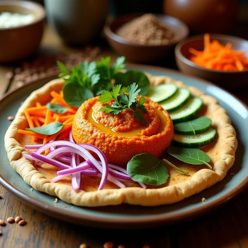 Injera de Teff con Hummus de Lentejas Rojas y Vegetales: Receta Etíope Vegana y Sin Gluten