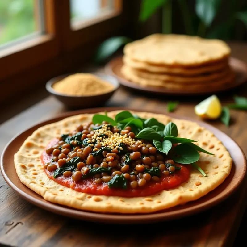 Injera de Teff con Stew de Lentejas y Espinacas: Receta Etiopía Vegana y Nutritiva