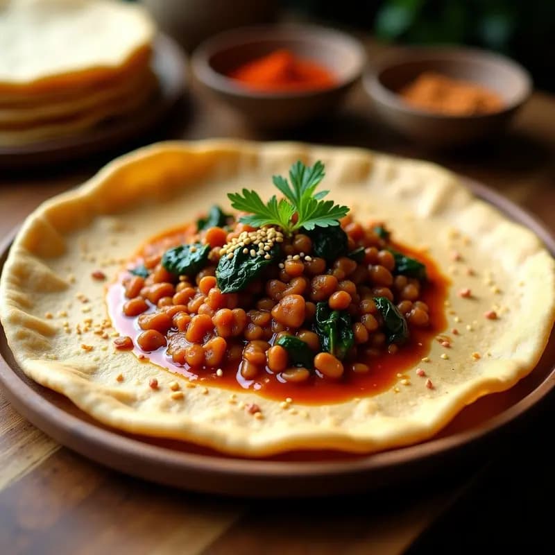 Injera de Teff con Wat de Lentejas y Berbere: Receta Etiopiana Vegana y Picante