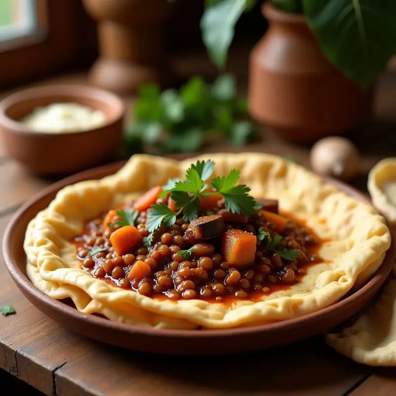 Injera con Wat de Berenjena y Lentejas: Receta Etíope Vegana con Especias Berbere