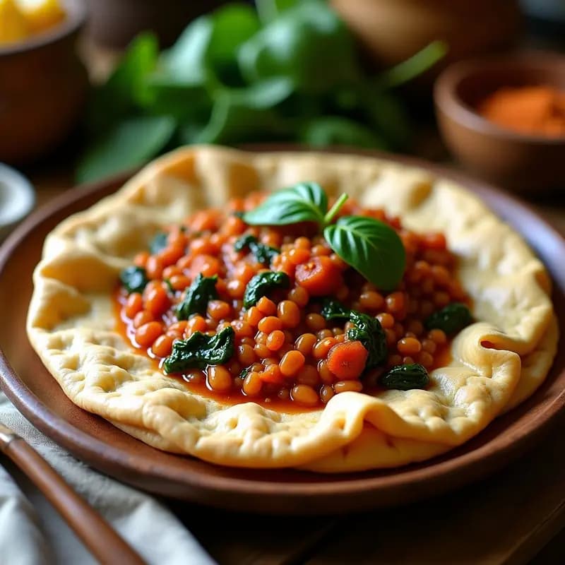 Injera Etiopí con Wat de Lentejas y Espinacas: Pan Esponjoso Fermentado Sin Cocinar