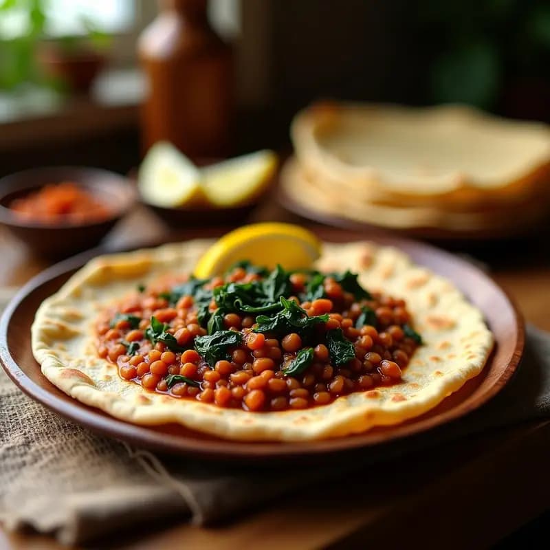 Injera con WAT de Lentejas y Espinacas: Platos Etíopes Veganos y Sin Gluten