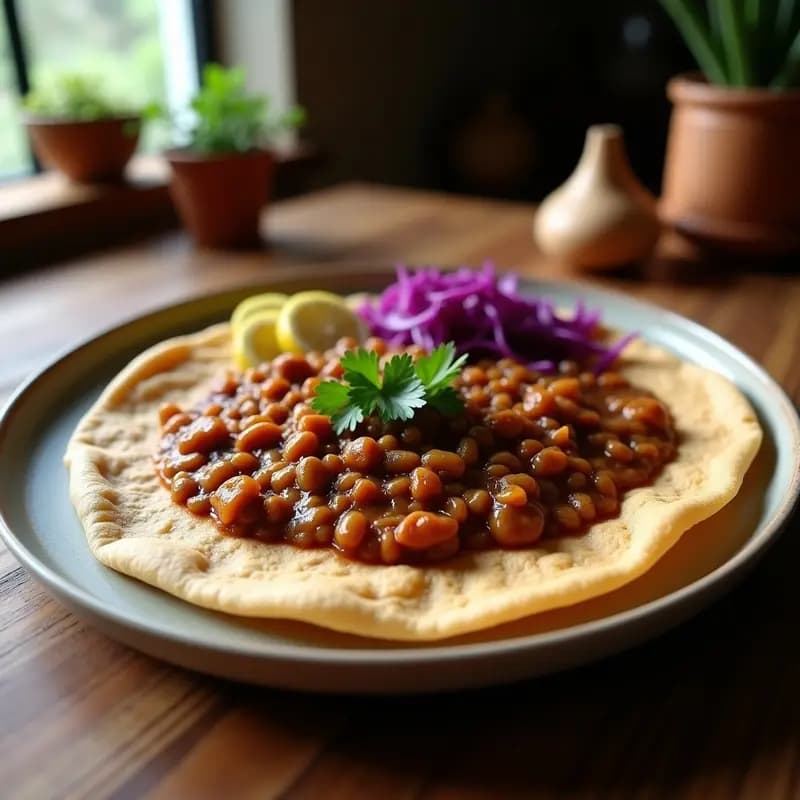 Injera Etiopíe con Wat de Lentejas y Ensalada de Repollo: Receta Sin Gluten y Vegana