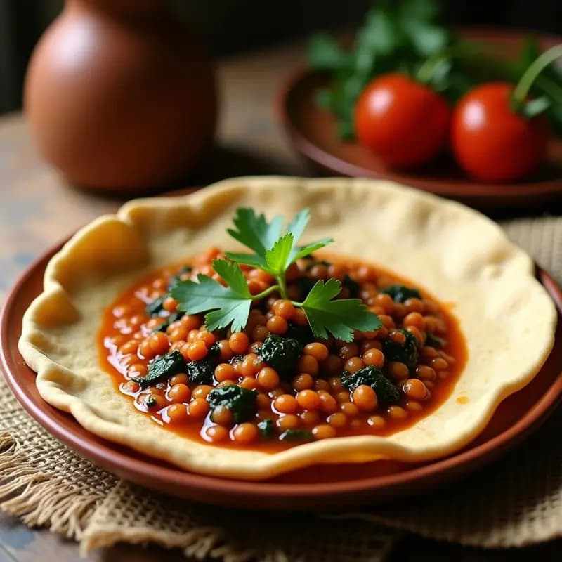 Injera Etiopía con Wot de Lentejas y Espinacas: Pan Esponjoso y Estofado Vegano