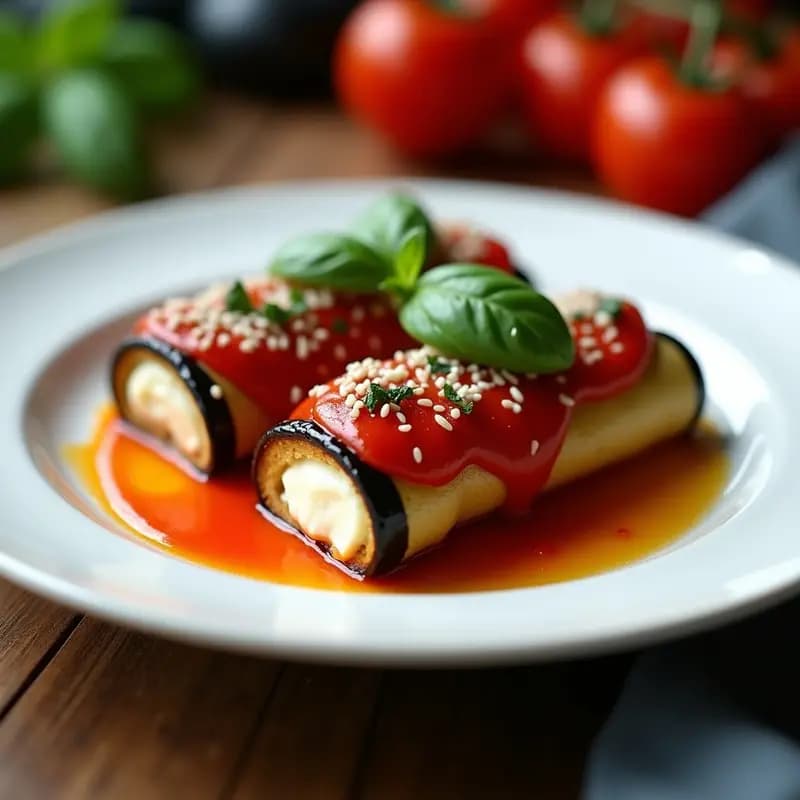 Involtini de Melanzane alla Parmigiana: Rollitos Italianos de Berenjena con Queso Vegano y Tomate