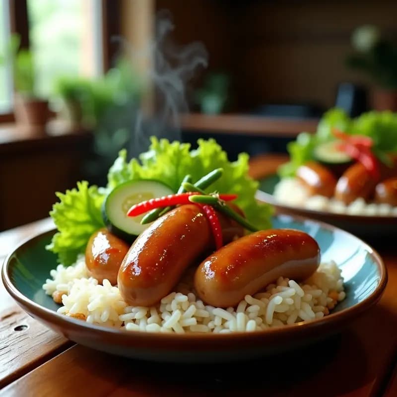 Isan Sausage con Hierbas Tailandesas y Arroz Pegajoso: Receta Tailandesa Picante y Aromática