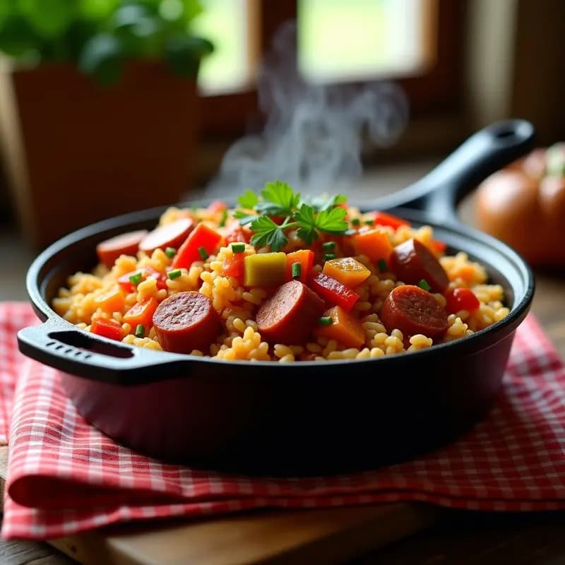 Jambalaya Cajún con Arroz Basmati y Salchichas: Receta de Luisiana en Una sola Olla