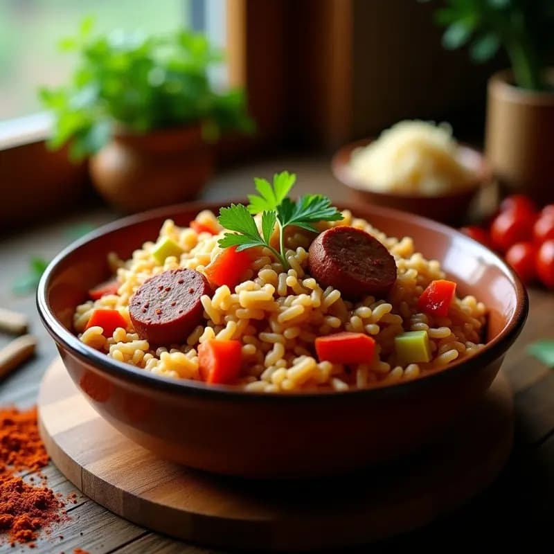 Jambalaya Cajún con Salchichas Veganas y Arroz Integral: Receta en Olla Express
