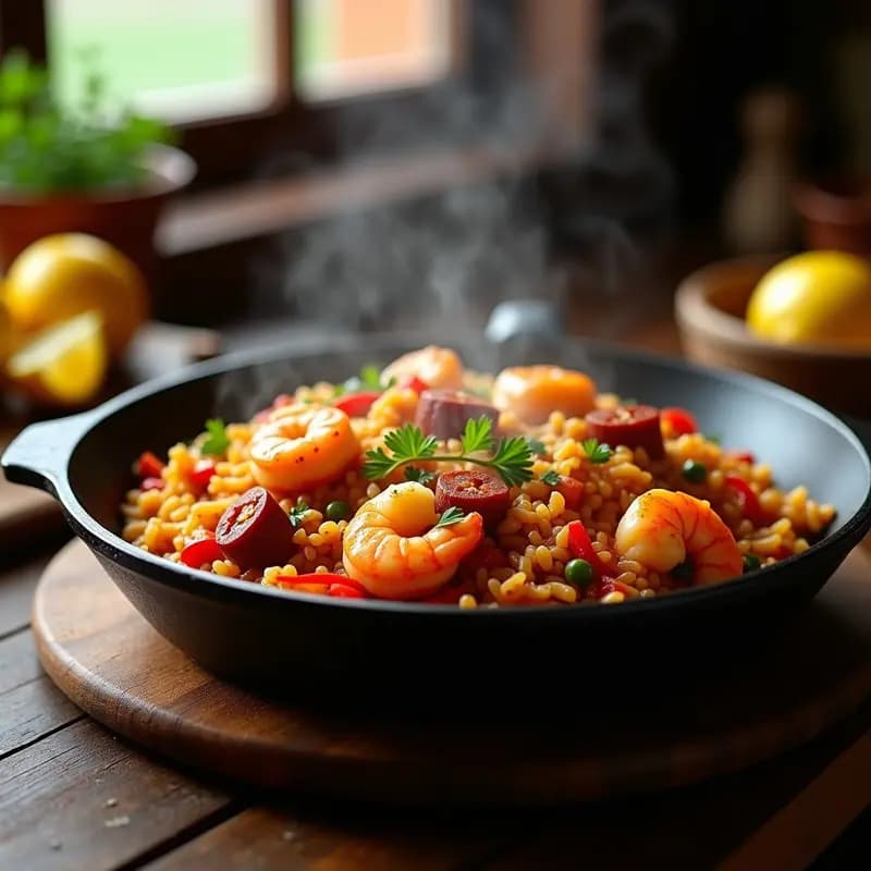 Jambalaya de Camarones y Chorizo: Receta Cajún con Arroz y Especias Picantes en Una Olla