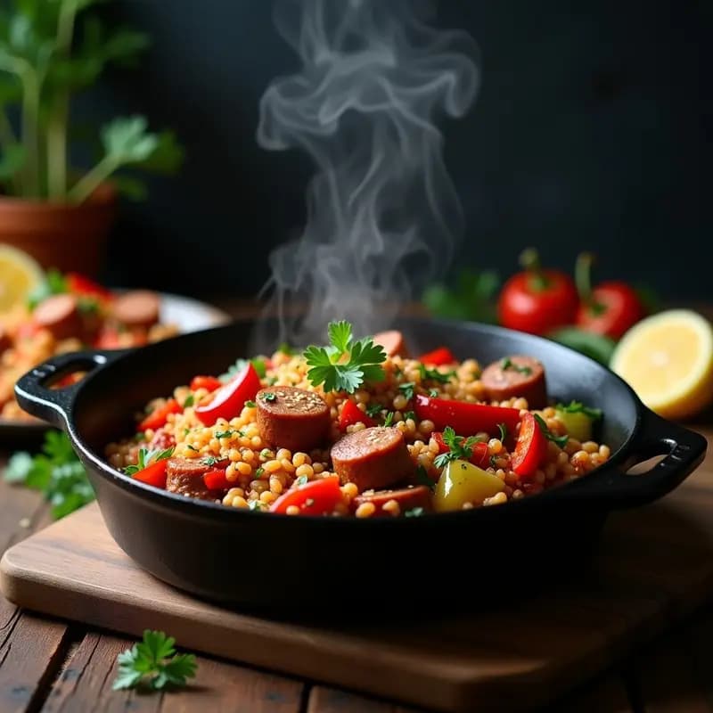 Jambalaya de Salchichas Vegetales y Arroz Integral: Receta Cajún Vegana y Alta en Fibra
