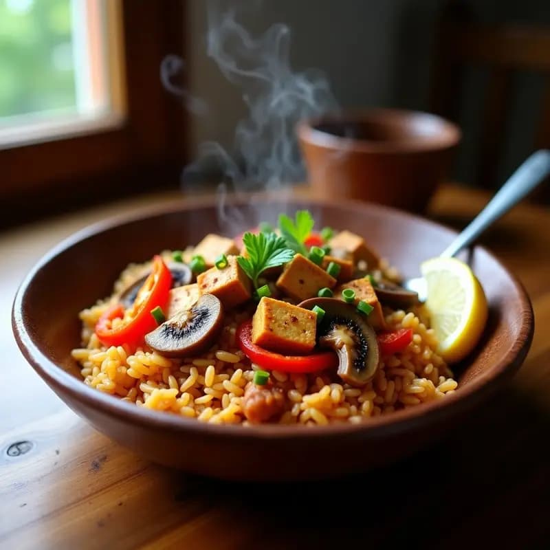 Jambalaya de Setas y Tofu: Receta Cajún Vegana con Arroz Basmati en Olla Lenta