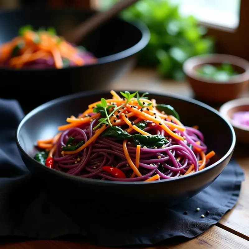 Jap Chae de Batata Morada y Espinacas: Fideos Coreanos sin Trigo en Wok