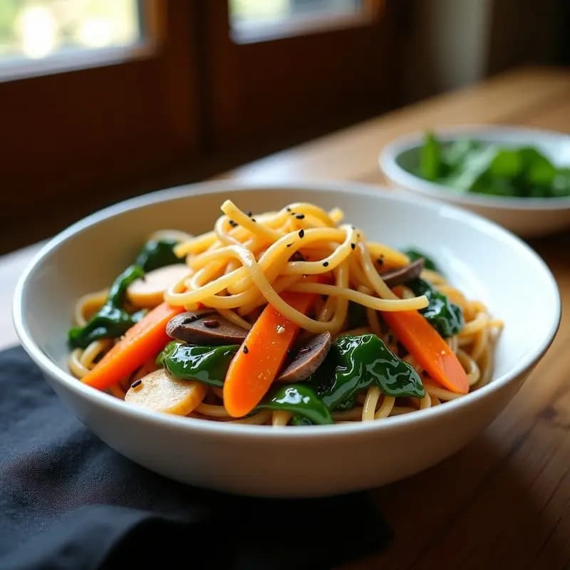 Japchae Coreano de Batata y Espinacas: Receta Vegana con Salsa de Sésamo y Miel