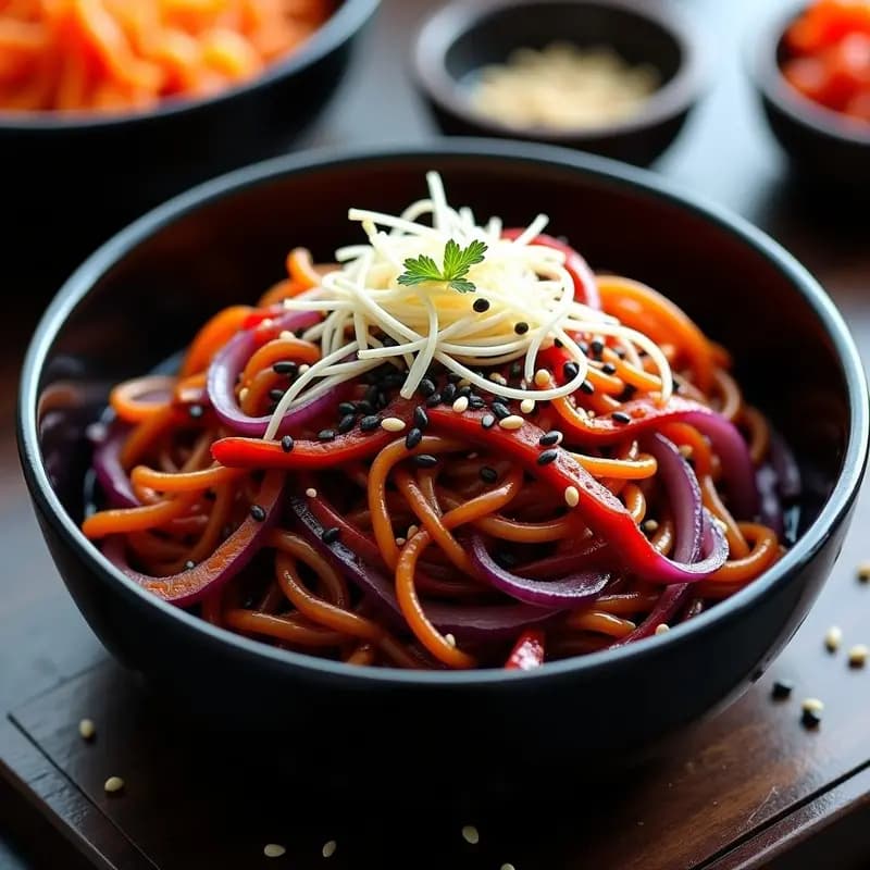 Japchae Coreano con Batata Morada y Sésamo: Fideos de Vidrio Veganos y Vibrante