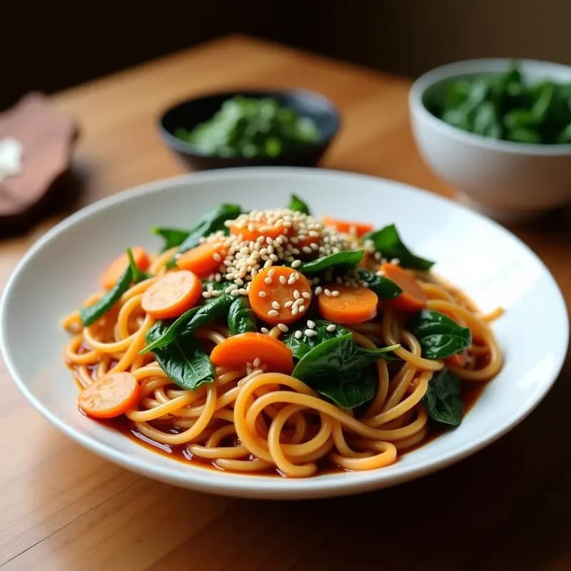 Japchae de Fideos de Batata con Espinacas y Zanahoria: Receta Coreana Vegana y Sin Gluten