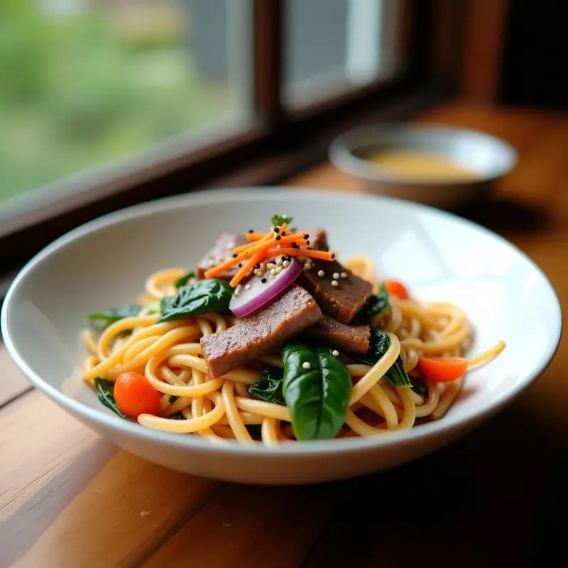 Japchae: Fideos de Batata Coreanos con Verduras y Carne en Sartén