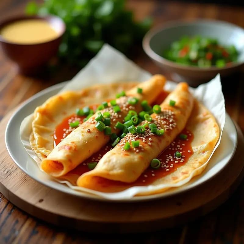 Jianbing Chino con Huevo y Salsa Hoisin: Desayuno Callejero Crujiente y Sabroso