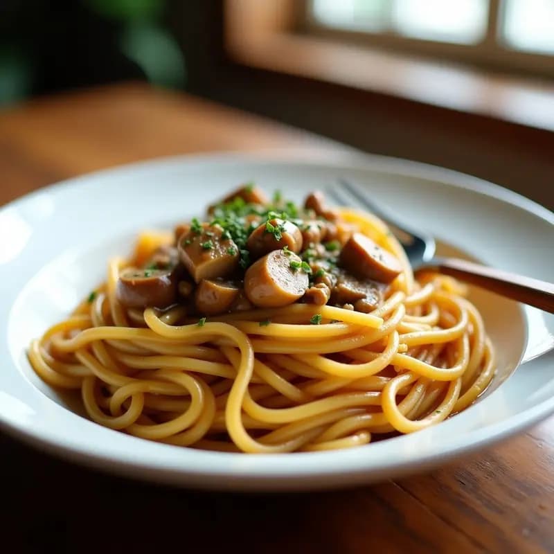 Jollibee Style Spaghetti con Salsa de Champiñones: Receta Filipina Vegana
