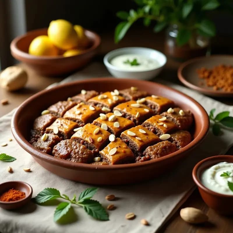 Kafta Bil Saniyé de Ternera y Piñones: Receta Libanesa al Horno con Salsa de Yogur y Mentas