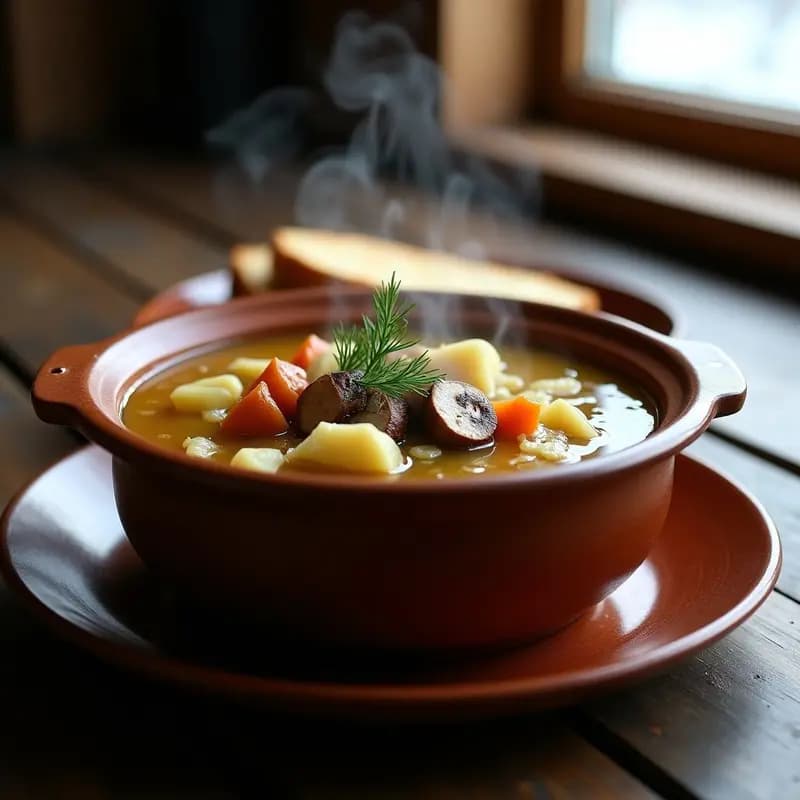 Kapusniak Polaco: Sopa de Col y Salchicha con Champiñones y Hierbas