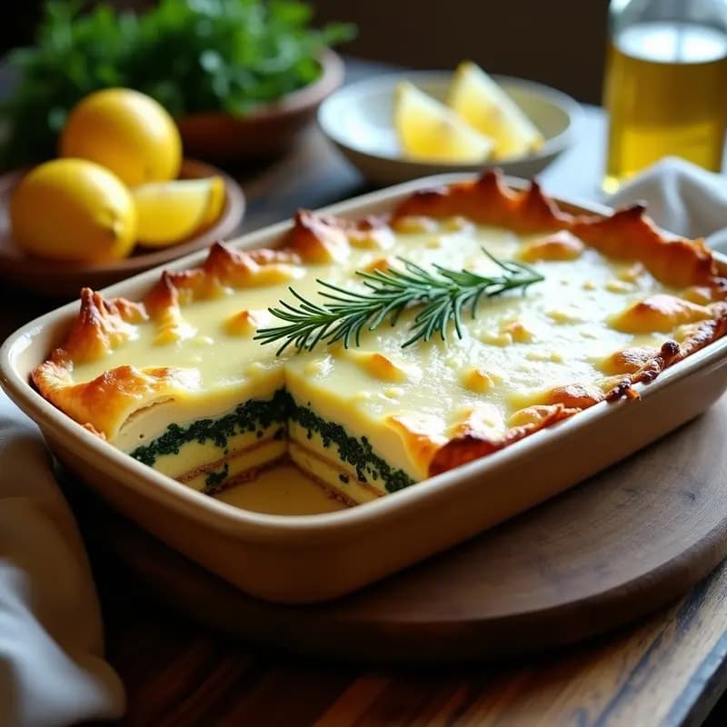 Kastro de Pollo y Espinacas con Bechamel de Anacardo: Pastel Griego Vegano