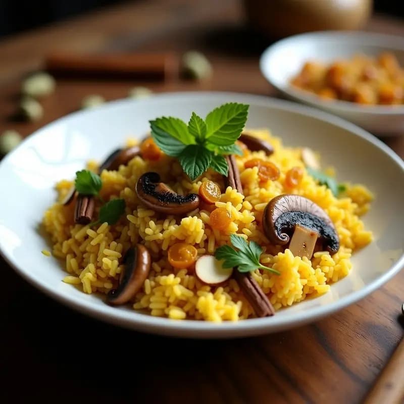 Katchi Biryani de Setas y Arroz Basmati: Receta Pakistana Vegana con Especias Aromáticas