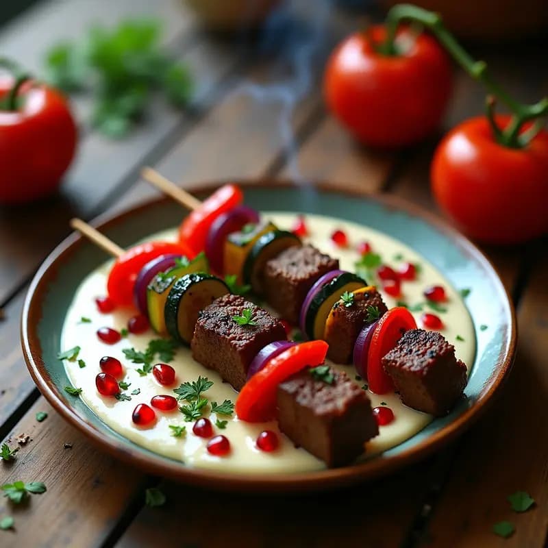 kebab de Cordero y Verduras: Receta Árabe en Grill con Salsa de Tahini y Granada