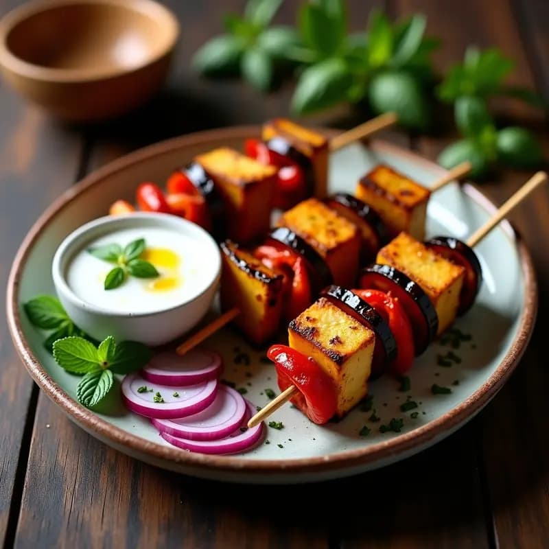 Kebabs de Berenjena y Pimientos con Salsa de Yogur de Soja: Aperitivo Turco vegano y alto en proteínas