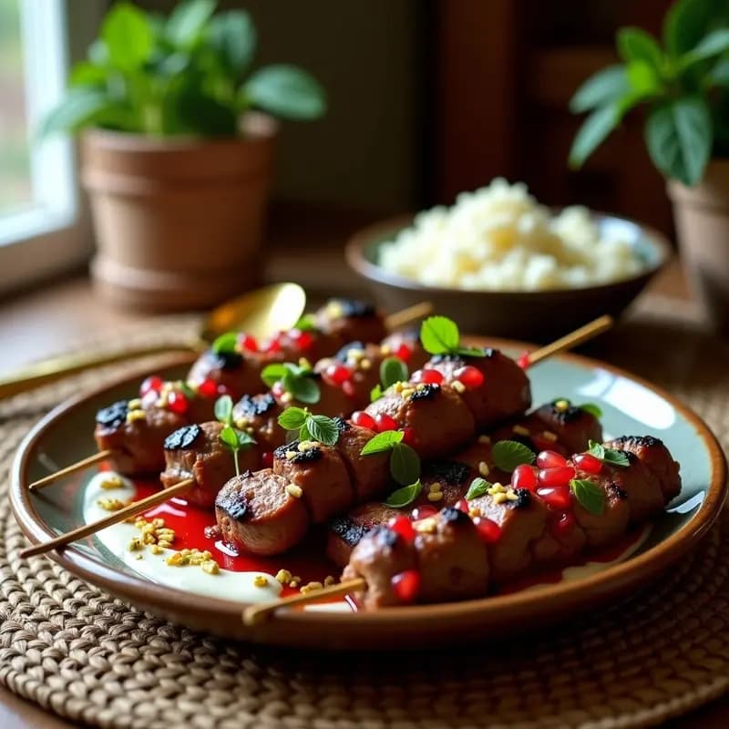 Kebabs Iraníes de Cordero y Granada con Salsa de Yogur: Receta Persa Tradicional