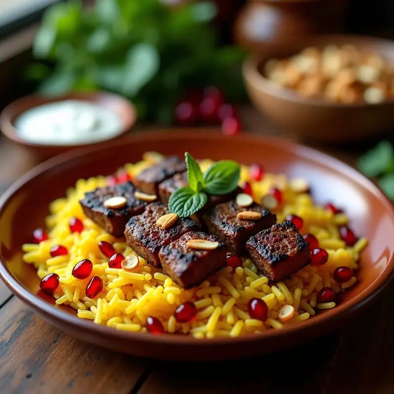 Kebabs de Ternera y Granados con Arroz Basmati: Receta Iraní Festiva y Aromática