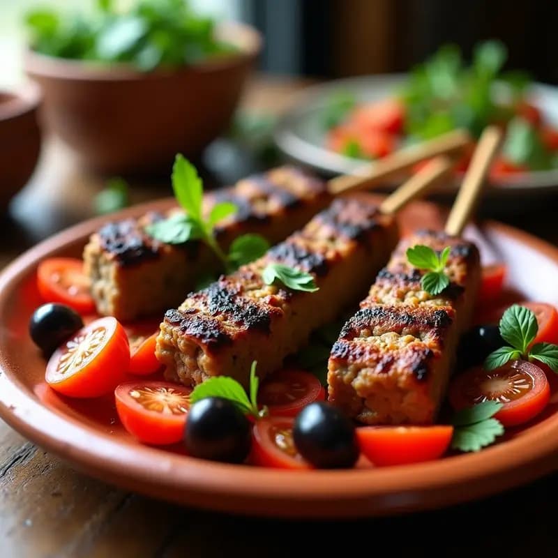 Kefta de Cordero y Menta: Receta Marroquí en Brochetas con Ensalada de Tomate y Cebolla