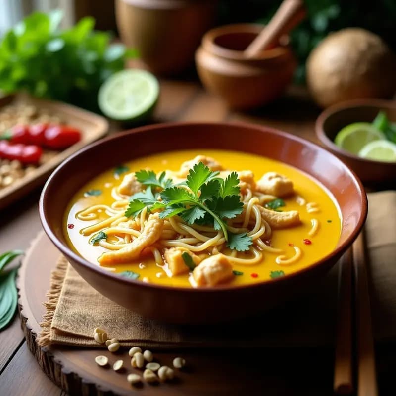Khao Soi Tailandés con Fideos de Arroz y Curry Amarillo: Sopa Cremosa y Aromática