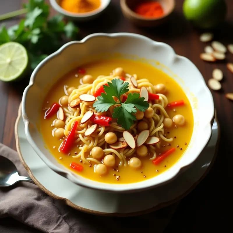 Khow Suey de Garbanzos y Fideos de Arroz: Sopa Birmana Vegana y Reconfortante