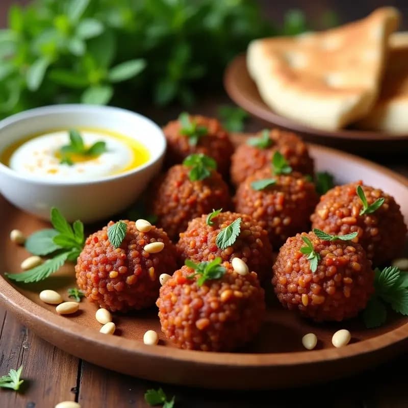 Kibbeh de Carne Cruda y Bulgur: Aperitivo Libanés Especiado con Salsa de Yogur