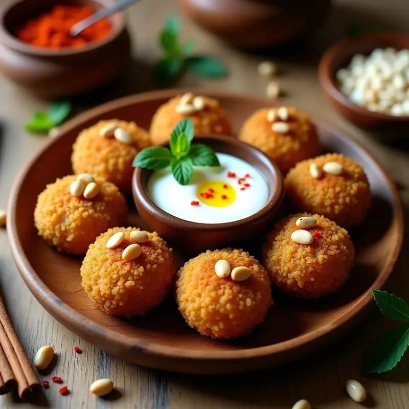 Kibbeh Libanes de Cordero y Piñones: Croquetas Middle Eastern con Salsa de Yogur