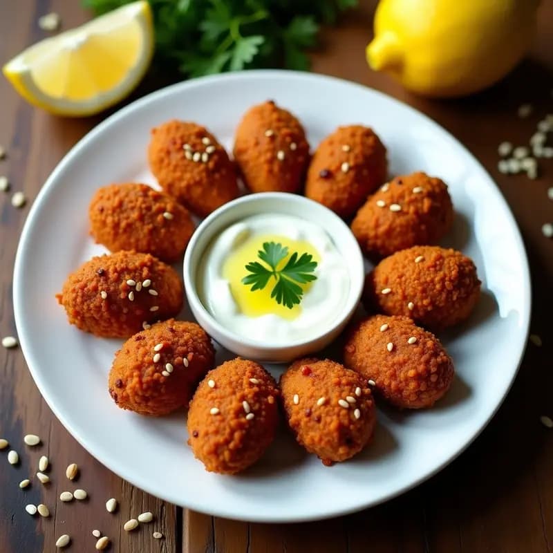Kibbeh de Lentejas Rojas: Croquetas Libanesas Crujientes con Yogur de Ajo