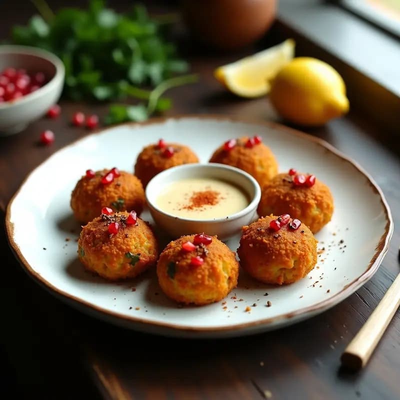 Kibbeh de Lentejas Rojas y Granada: Croquetas Libanesas Veganas con Salsa de Tahini y Limón