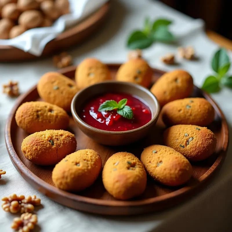 Kibbeh de Lentejas Rojos y Nueces con Salsa de Granadina: Aperitivo Libanés Vegano