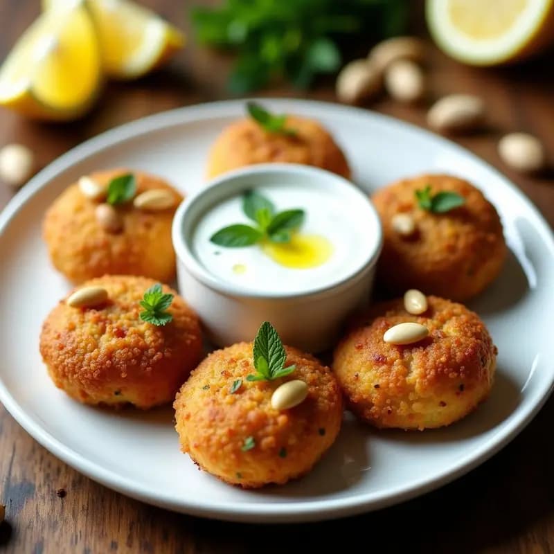 Kibbeh Libanés de Carne y Bulghur: Croquetas Crujientes con Salsa de Yogur y Menta
