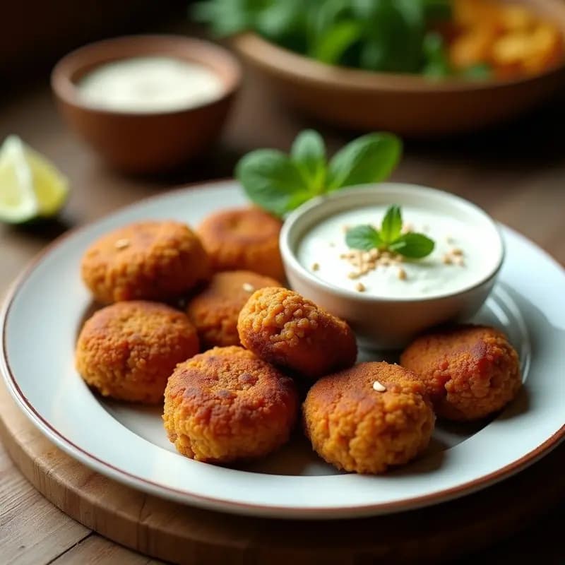 Kibbeh Libanes de Lentejas Rojas: Croquetas de Trigo Burgol y Especias con Salsa de Yogur