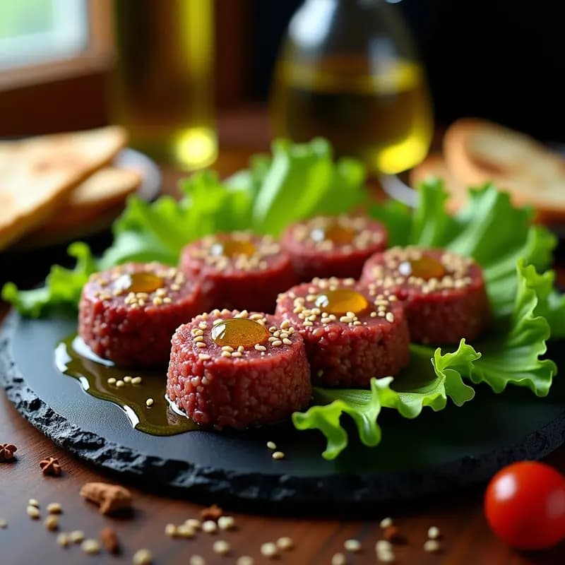 Kibbeh Naye de Cordero Crudo: Entrante Libanés Gourmet con Especias y Aceite de Oliva
