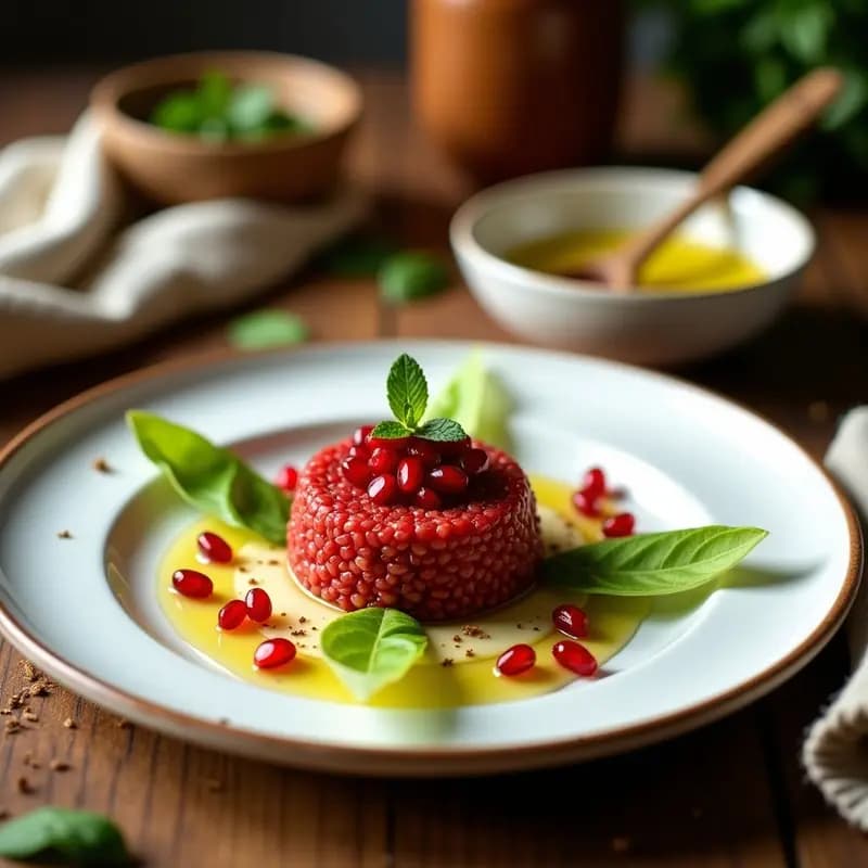 Kibbeh Naye de Lentejas Rojas: Tartar Vegano con Especias Orientales y Aceite de Oliva