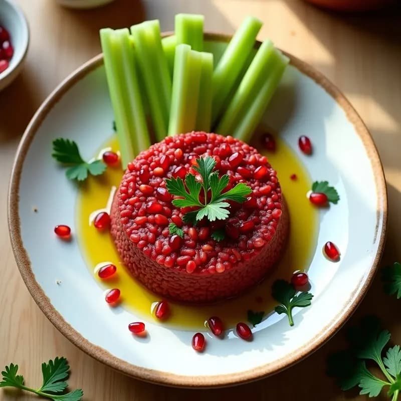 Kibbeh Nayye de Lentejas Rojas: Tartar Libanés Vegano con Crudités de Apio