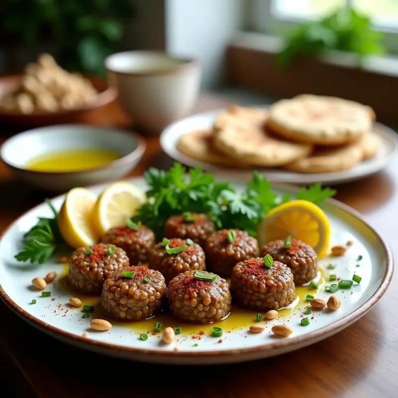 Kibbeh Nayye Libanés con Pan Pita y Hierbas Frescas: Receta de Carne Cruda Especiada